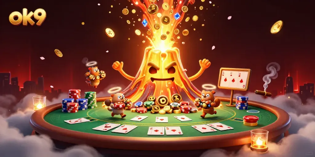 Experience thrilling poker action with ok9 as gold coins erupt from a volcano, creating a dynamic casino atmosphere.