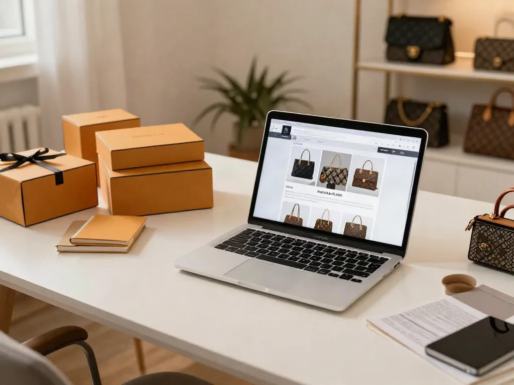 Elegant home office scene highlighting online shopping for premium replica bags.