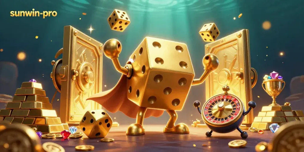 Experience sunwin-pro's thrilling gaming world with vibrant dice, treasures, and casino excitement.