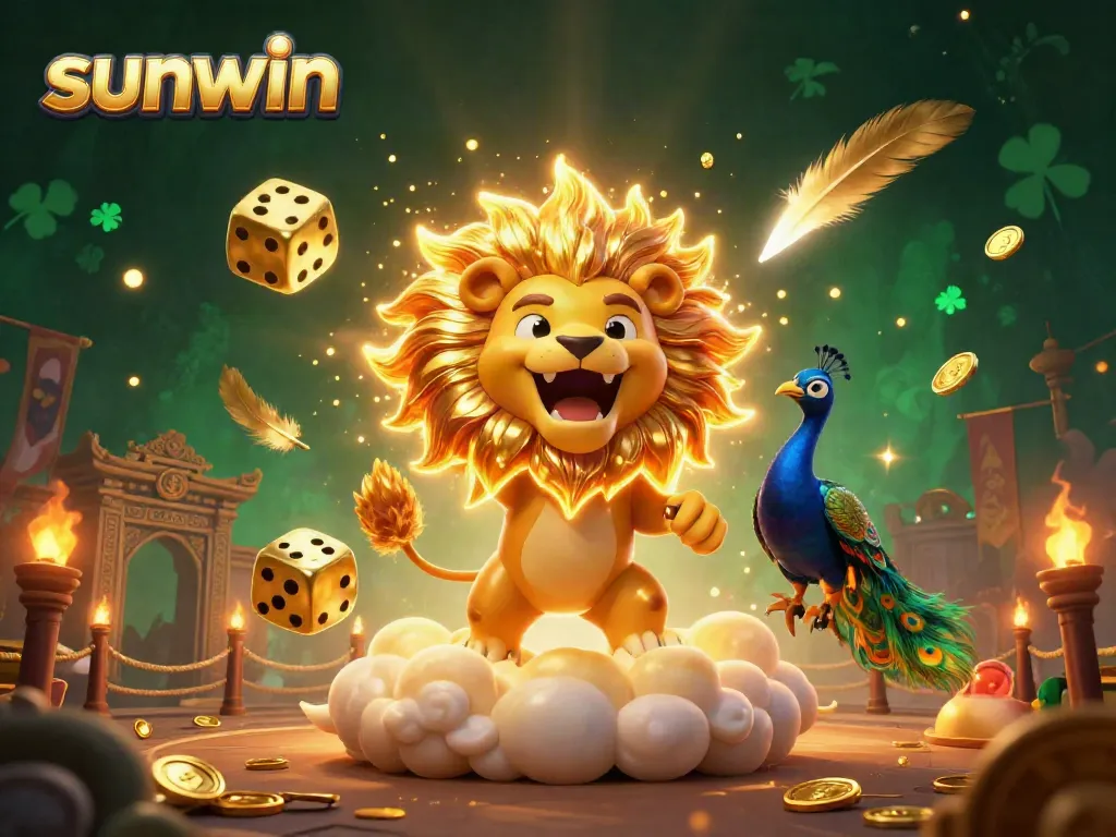 Experience the excitement of sunwin gaming with a vibrant 3D illustration of a roaring sun lion amidst golden dice and game elements.