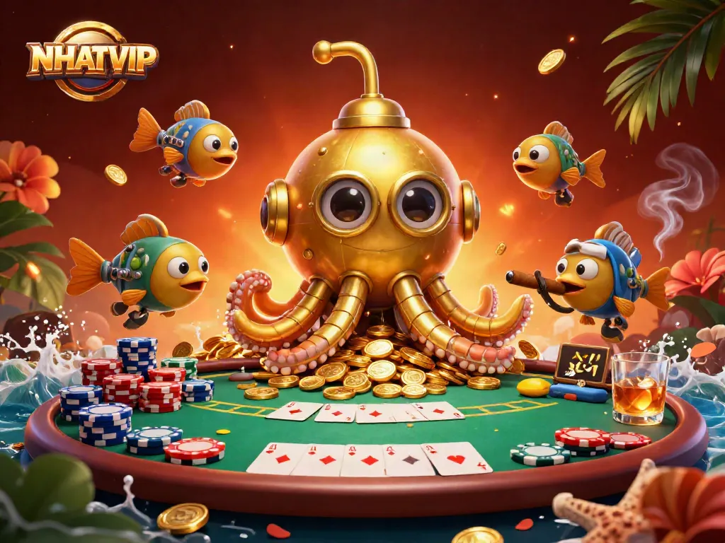 Experience NHATVIP excitement with a 3D kraken submarine amid poker chips and golden coins.