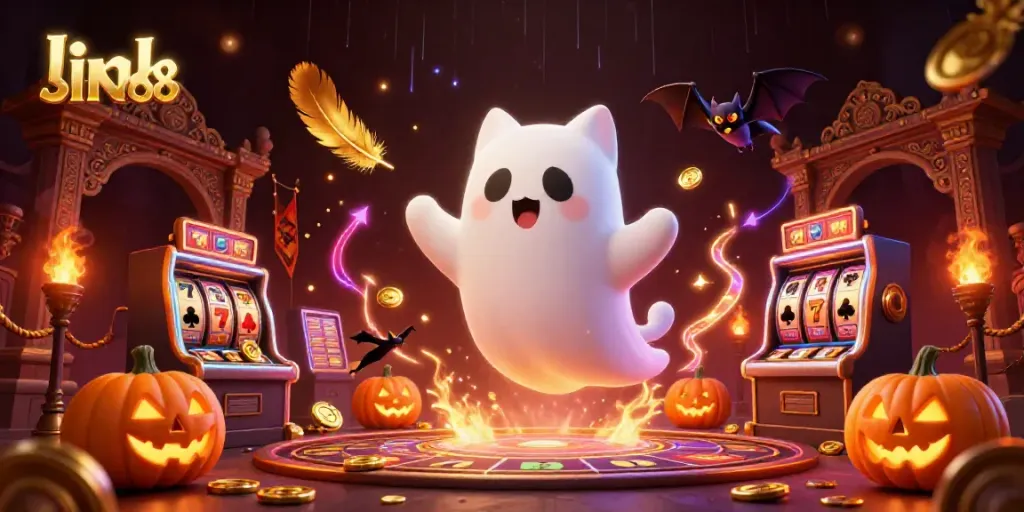 Engage with link SIN88 at a haunted casino mansion with playful ghost cat and magical elements.