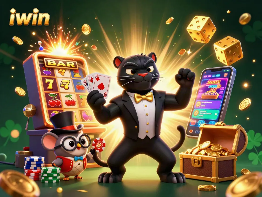 iwin's vibrant jackpot scene featuring a tuxedo panther dealing cards amidst colorful casino elements.