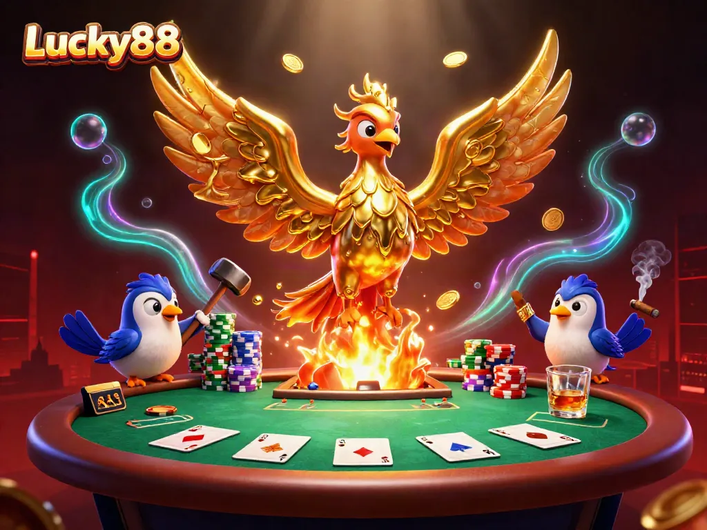 Experience excitement with Lucky88 as golden coins fall from a phoenix amid a dynamic casino scene.