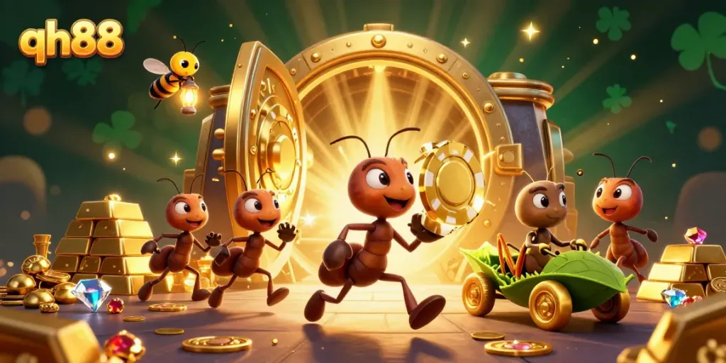 Experience thrilling action with qh88 as cartoon ants navigate a golden heist amidst sparkling treasures.
