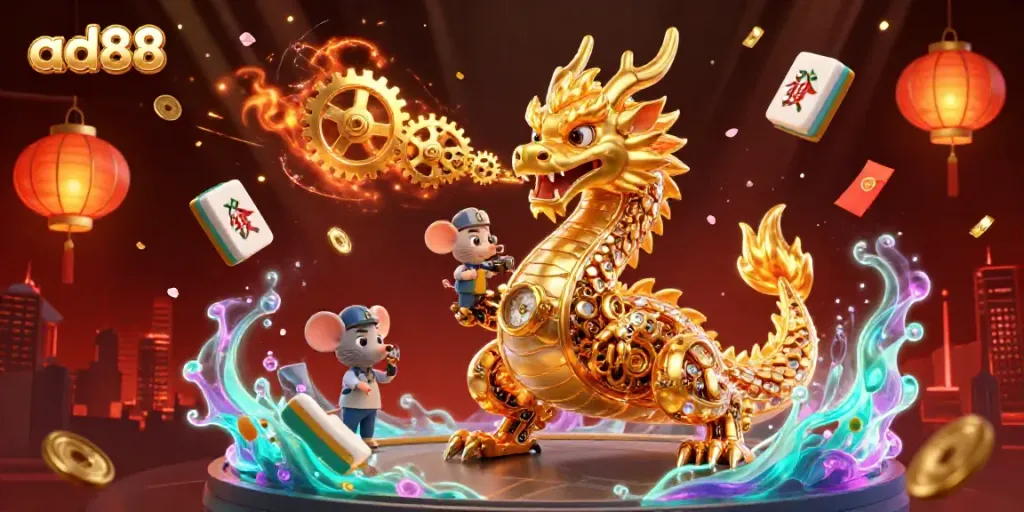 Experience the magic of ad88 with a vibrant 3D casino scene featuring a dragon and rich game elements.