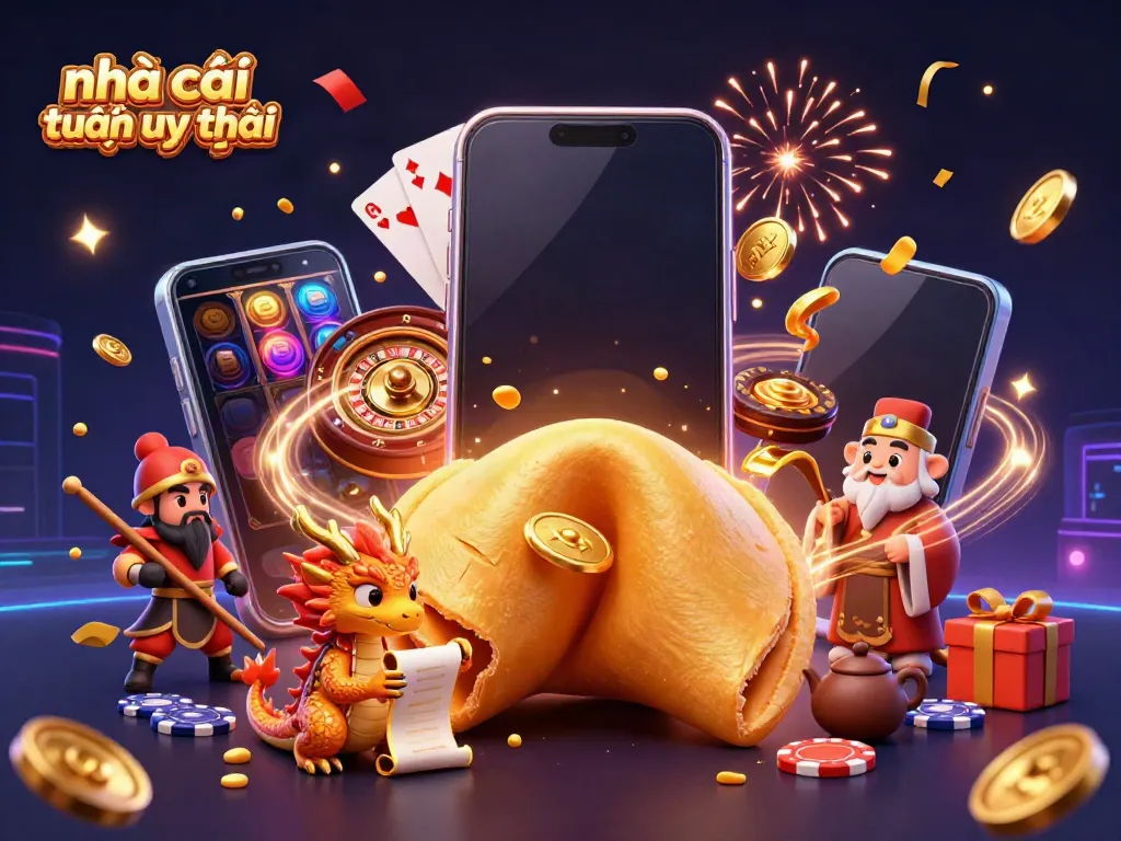The 3D cartoon scene illustrates nhà cái trực tuyến uy tín with a golden fortune cookie, wise dragon, and dynamic gaming elements.