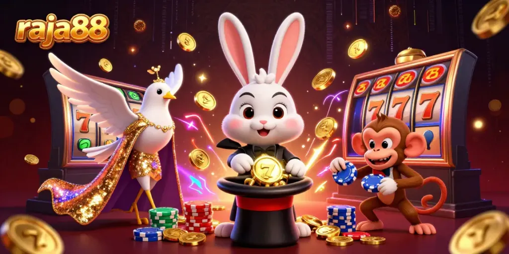 Engage in thrilling casino fun with raja88 as a magician rabbit conjures coins in a vibrant scene.