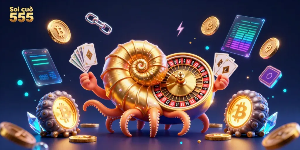Soi cầu 555 immersively portrays a vibrant casino scene with a giant nautilus roulette wheel, glowing crypto elements, and mesmerizing visuals.