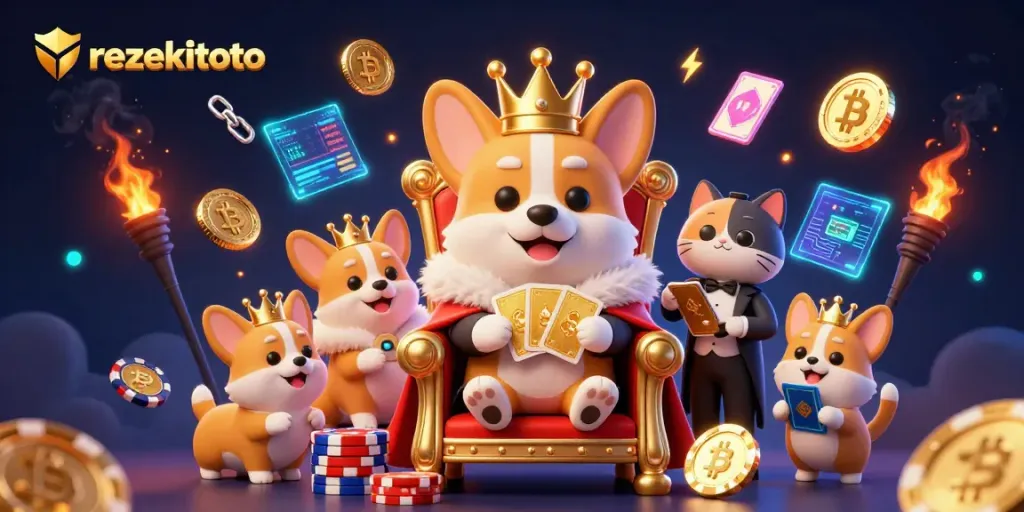 Engage in seamless gameplay with rezekitoto's vibrant 3D casino scene featuring corgis and crypto