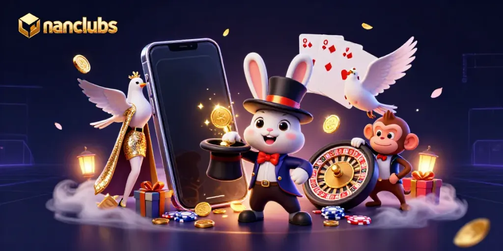 Engage with manclubs through a lively 3D illustration of casino themes, featuring a magician rabbit, a dove, and a monkey.