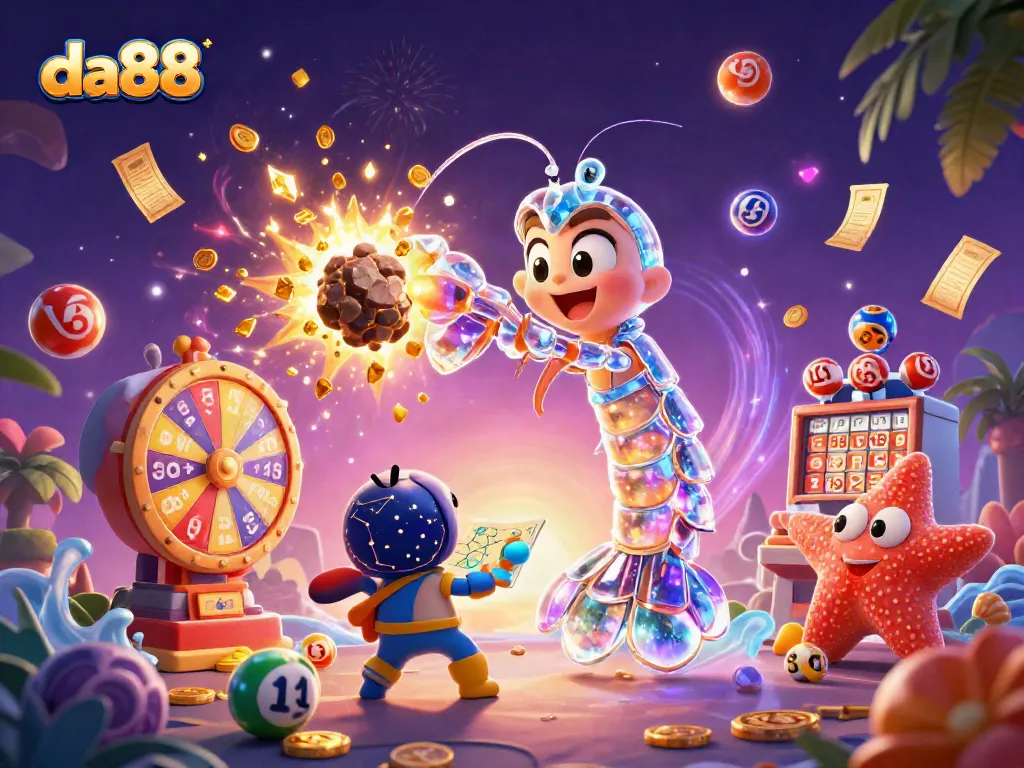 Engage in exciting gameplay with da88, featuring a galactic mantis shrimp amidst vibrant casino elements.