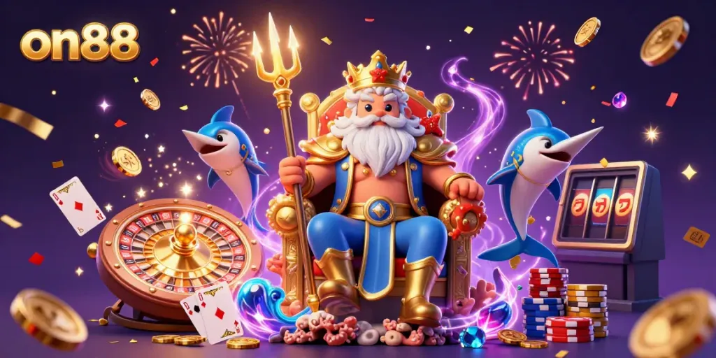Experience winning excitement at on88 with dynamic casino elements and vibrant characters in a fantasy scene.