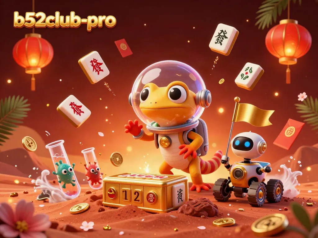 b52club-pro showcases an adventurous Martian gecko discovering a vibrant alien casino with exciting elements.