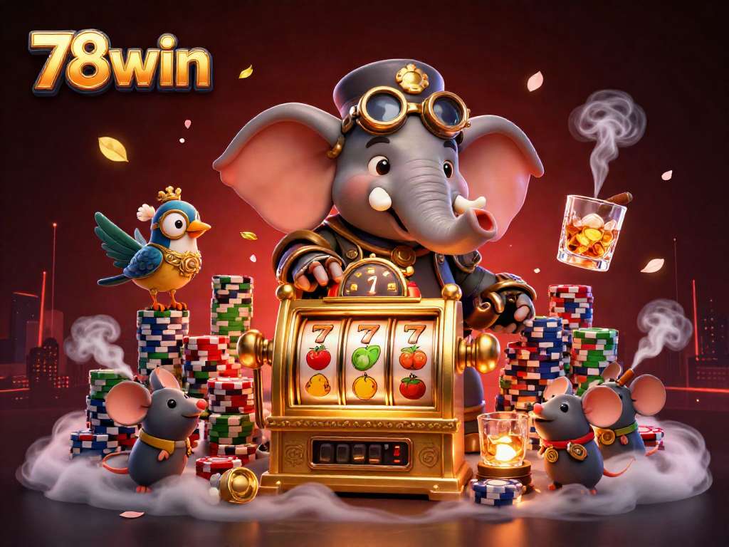 Experience thrilling excitement with 78win's colorful slot machine and steampunk characters in a dynamic casino scene.