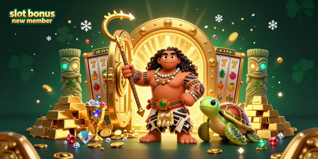 Experience slot bonus new member benefits as a Maui-style demigod and turtle explore a vibrant treasure-filled casino.