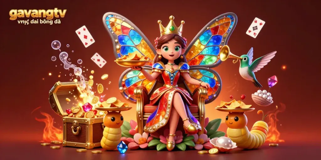 Watch gavangtv trực tiếp bóng đá with a vibrant 3D illustration featuring a butterfly queen and gold coins.