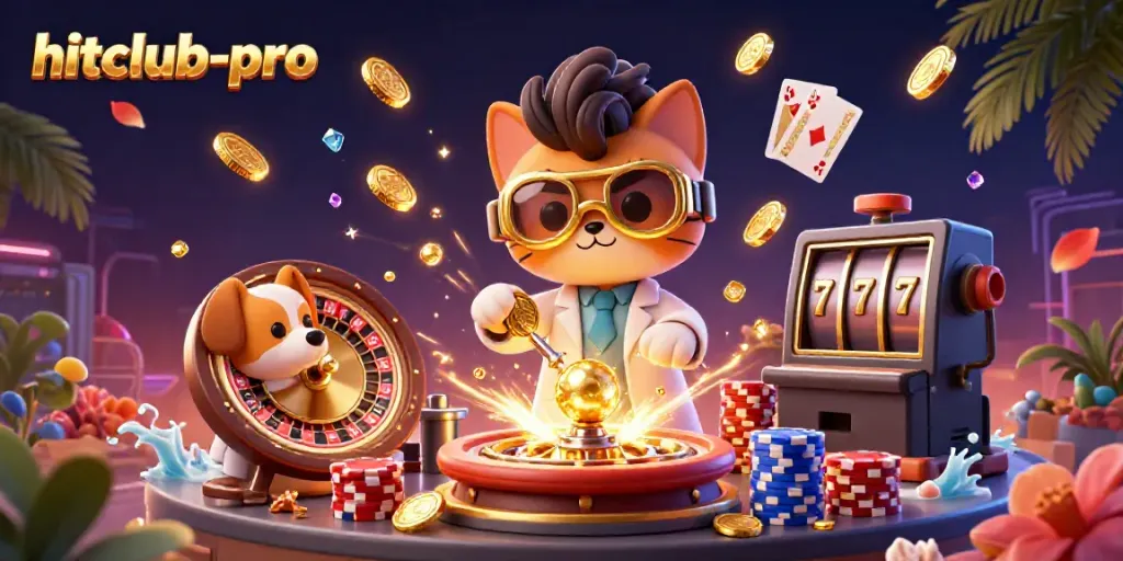 Engage with hitclub-pro's exciting gambling scene featuring playful characters and vibrant casino elements.