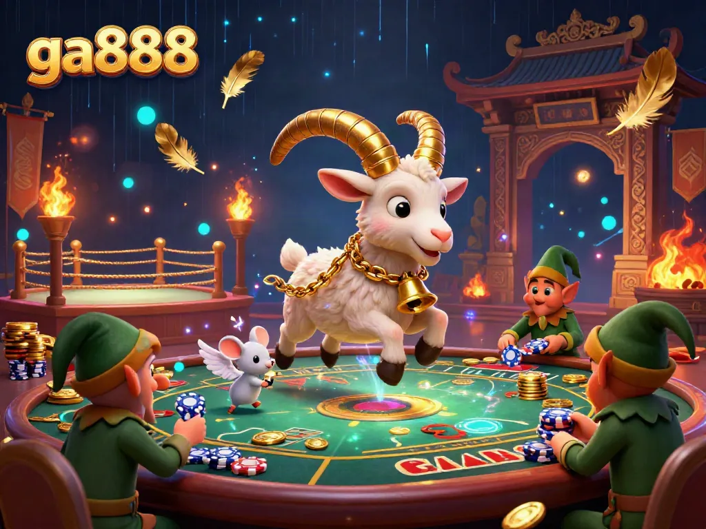 Join the exciting action at ga888's vibrant casino, featuring a mischievous Krampus goat and playful characters stealing poker chips.