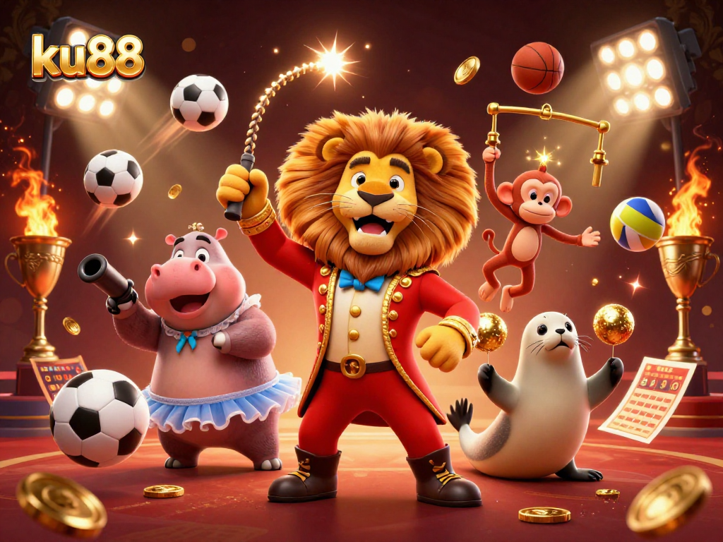 ku88 showcases an exhilarating sports betting scene with vibrant characters and dynamic elements.
