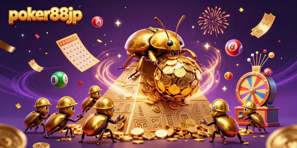 Experience excitement with poker88jp as golden beetles roll coins up a pyramid amidst vibrant casino symbols.