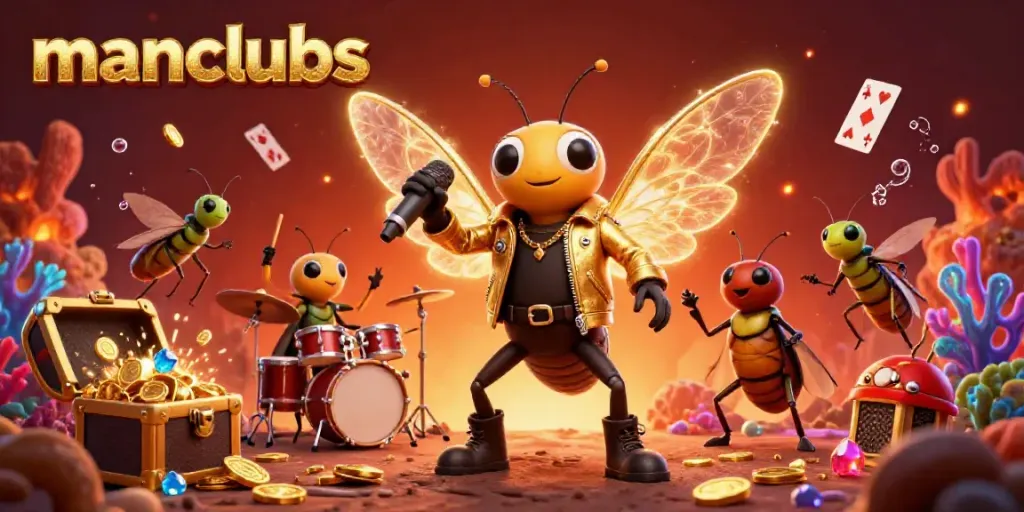Experience excitement with manclubs featuring a cicada rock star performing with vibrant casino elements.