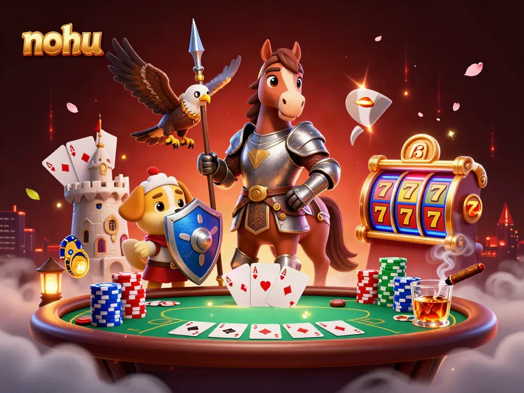 Nohu inspires excitement as a knight, puppy squire, and falcon pirates slot jackpots at a vibrant casino scene.