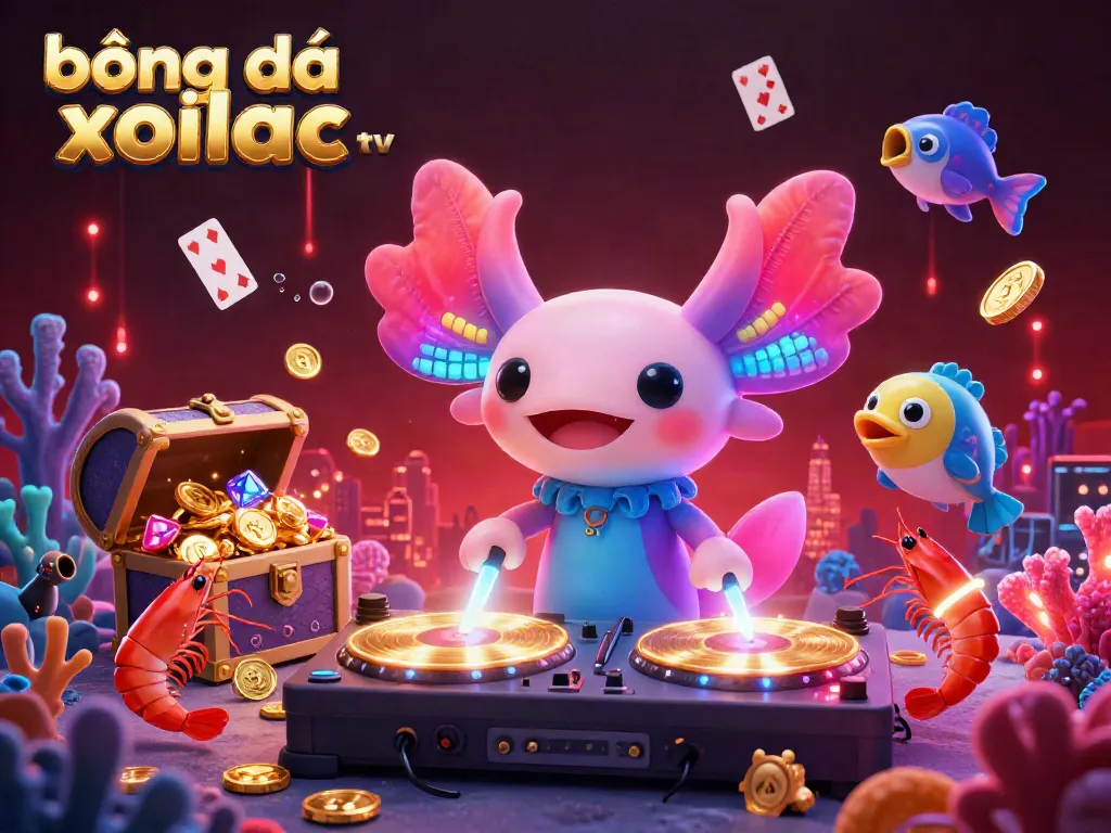 Ignite excitement with bóng đá trực tuyến xoilac tv featuring a vibrant DJ axolotl spinning records in an underwater casino.