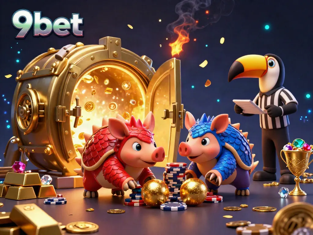 A dynamic scene with pangolins in armor interacting with poker chips and a toucan referee representing 9bet's vibrant gaming environment.