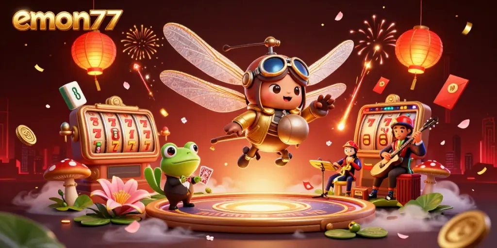 Experience thrilling gaming with emon77 at a lively lily pad casino, featuring a dragonfly pilot and frog croupier.