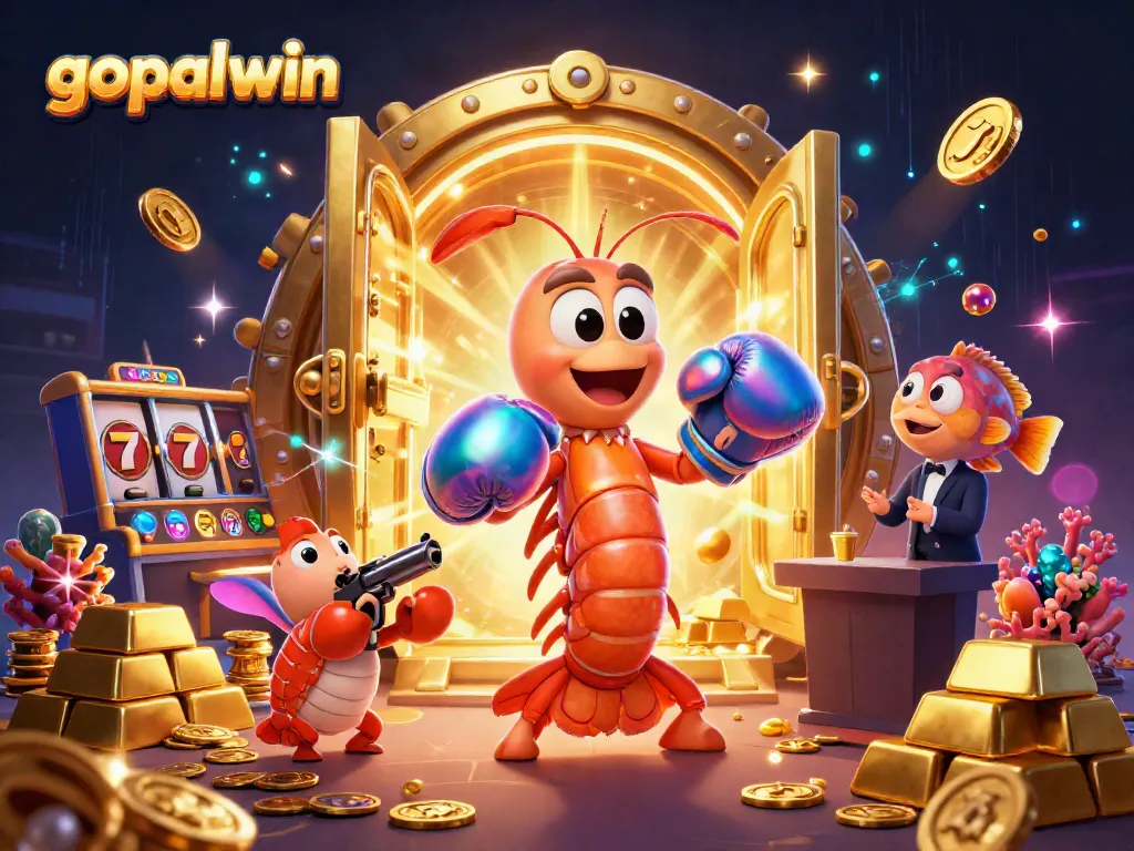 Experience big wins with gopalwin as an iridescent mantis shrimp and friends celebrate in a bustling casino atmosphere.