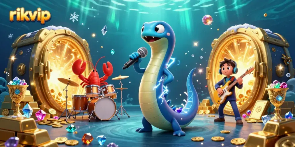 Experience thrilling gaming at rikvip's underwater casino with vibrant characters and treasure.