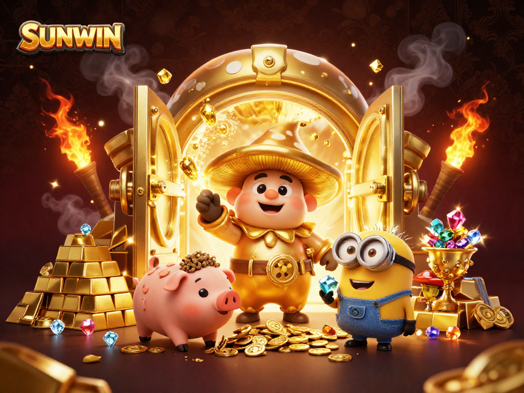 SUNWIN offers an exciting 3D illustration with golden elements and magical characters in a lively casino setting.