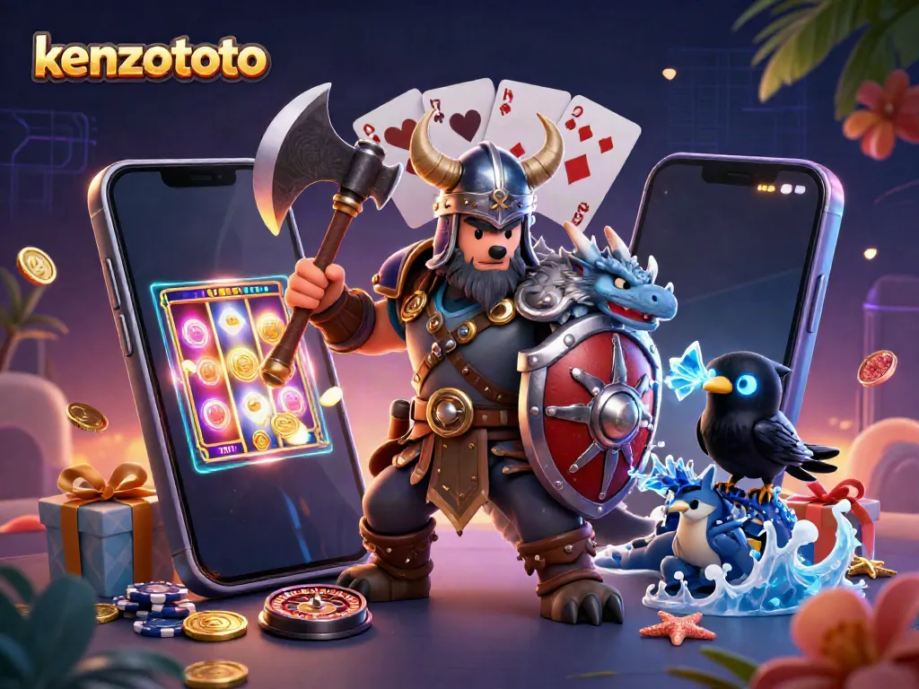 Experience exciting gaming at kenzototo with a dynamic scene featuring mythical warriors and casino elements.