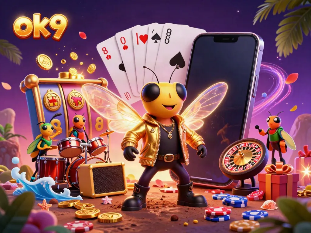 Experience the thrill of ok9 gambling with a vibrant cartoon rock star scene showcasing animated slot action.