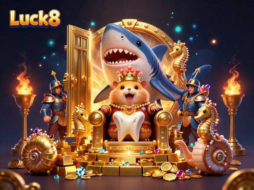 Experience adventure and gaming with Luck8, featuring a golden hamster king and treasure-filled backdrop.