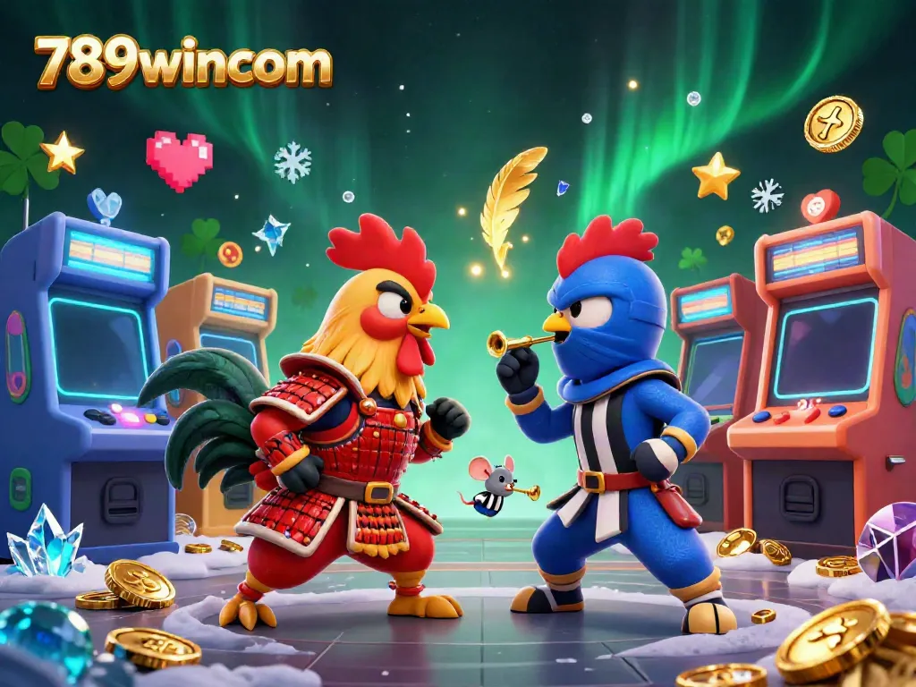 Engage with 789wincom through a vibrant casino illustration of battling cartoon roosters in dynamic colors.