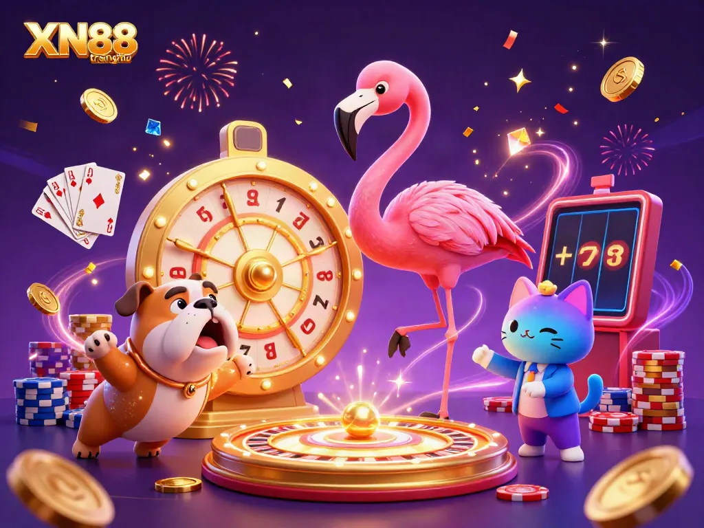 Experience the thrill of XN88 trang chủ with a vibrant 3D casino scene featuring exciting characters and dynamic elements.