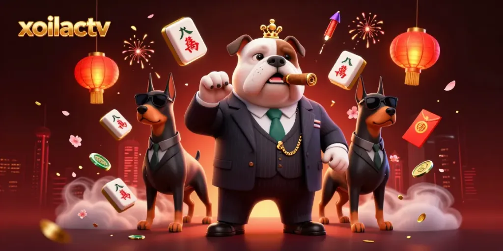 Experience the thrilling action of xoilactv with cartoon mafia characters and festive casino elements.