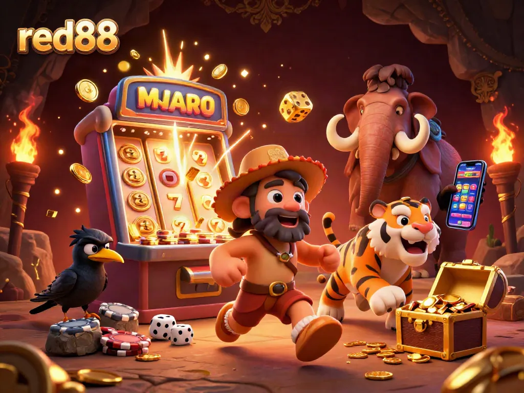 Experience the excitement at red88 with this vibrant 3D casino scene featuring caveman characters and a slot machine jackpot.