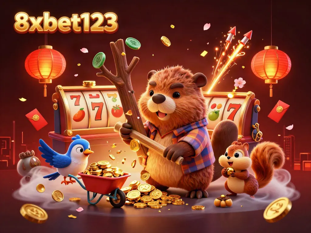 Experience the excitement of 8xbet123 with a vibrant 3D bounty of golden rewards in this casino-themed illustration.