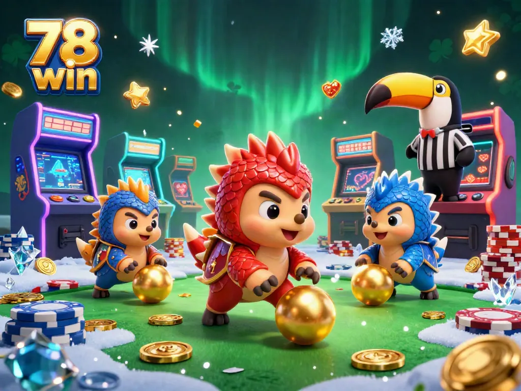 Experience the thrilling action of 78 win with rival pangolins bowling and poker chips flying in a vibrant 3D casino scene.