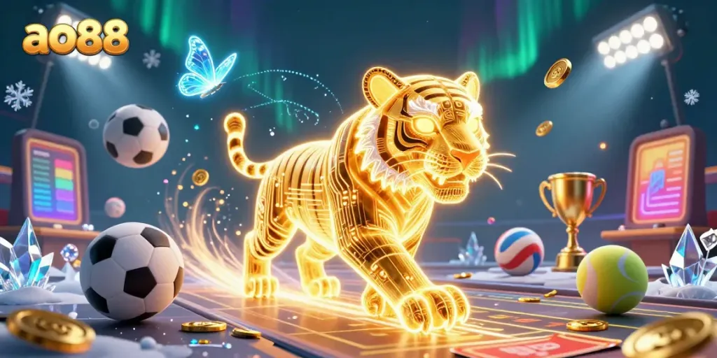 Experience the thrilling action at ao88 as the golden tiger navigates a vibrant casino landscape.