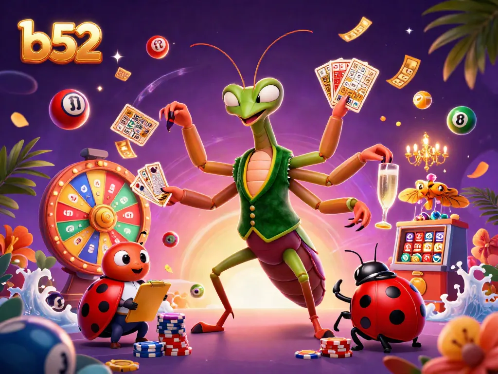 Engage with thrilling gameplay at b52, featuring a giant mantis dealer and colorful casino elements.