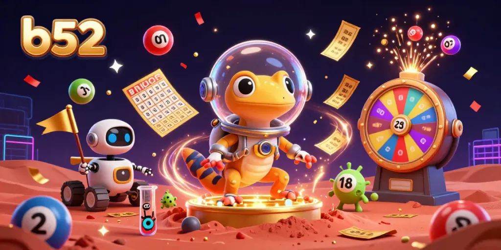 B52's Martian gecko and robot uncover exciting casino treasures in a vibrant atmosphere.