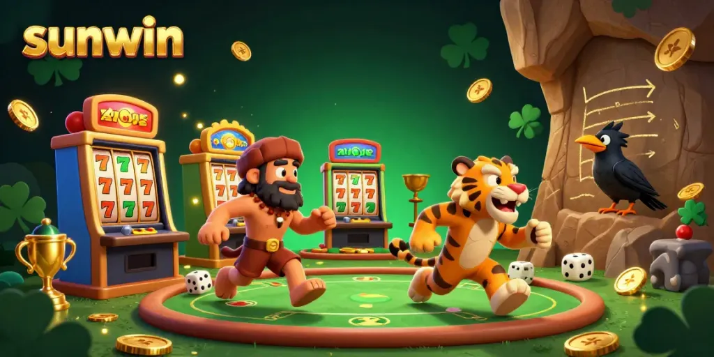 Experience exciting gameplay at the sunwin casino featuring vibrant slot machines and prehistoric characters.