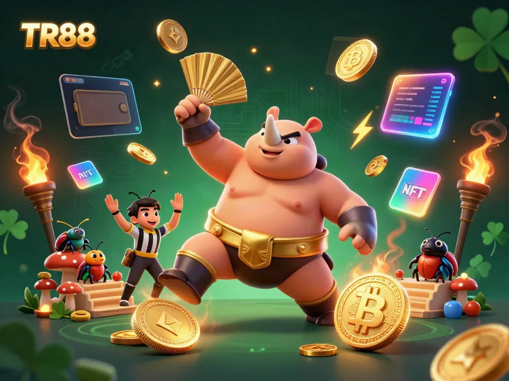 Join the excitement of TR88 with a beetle sumo champion and vibrant casino elements in this dynamic illustration.