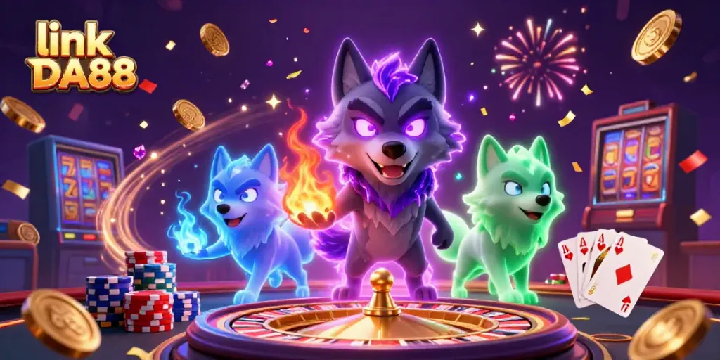 Experience the thrilling action of link DA88 with a shadow wolf leader in a dynamic casino setting, showcasing exciting game elements.