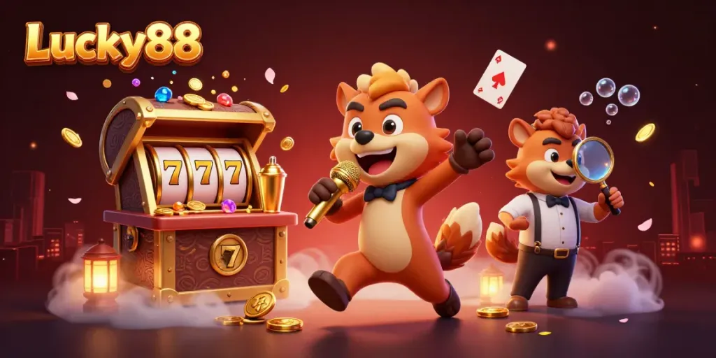 Engage with Lucky88's vibrant casino atmosphere with hyenas in dynamic roles, surrounded by sparkling treasures.