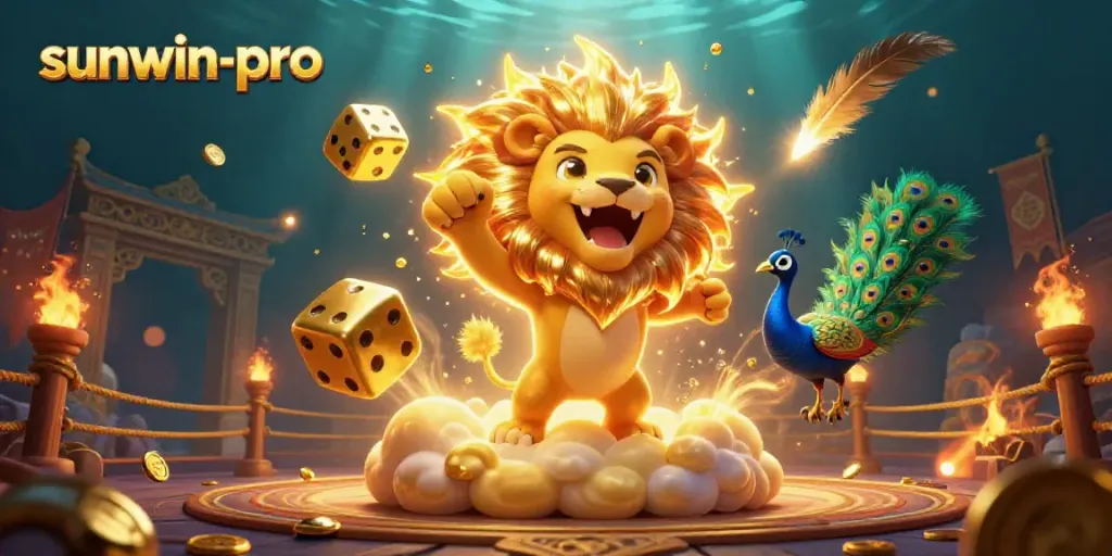 Experience sunwin-pro's thrilling online casino atmosphere with a majestic sun lion and golden dice.